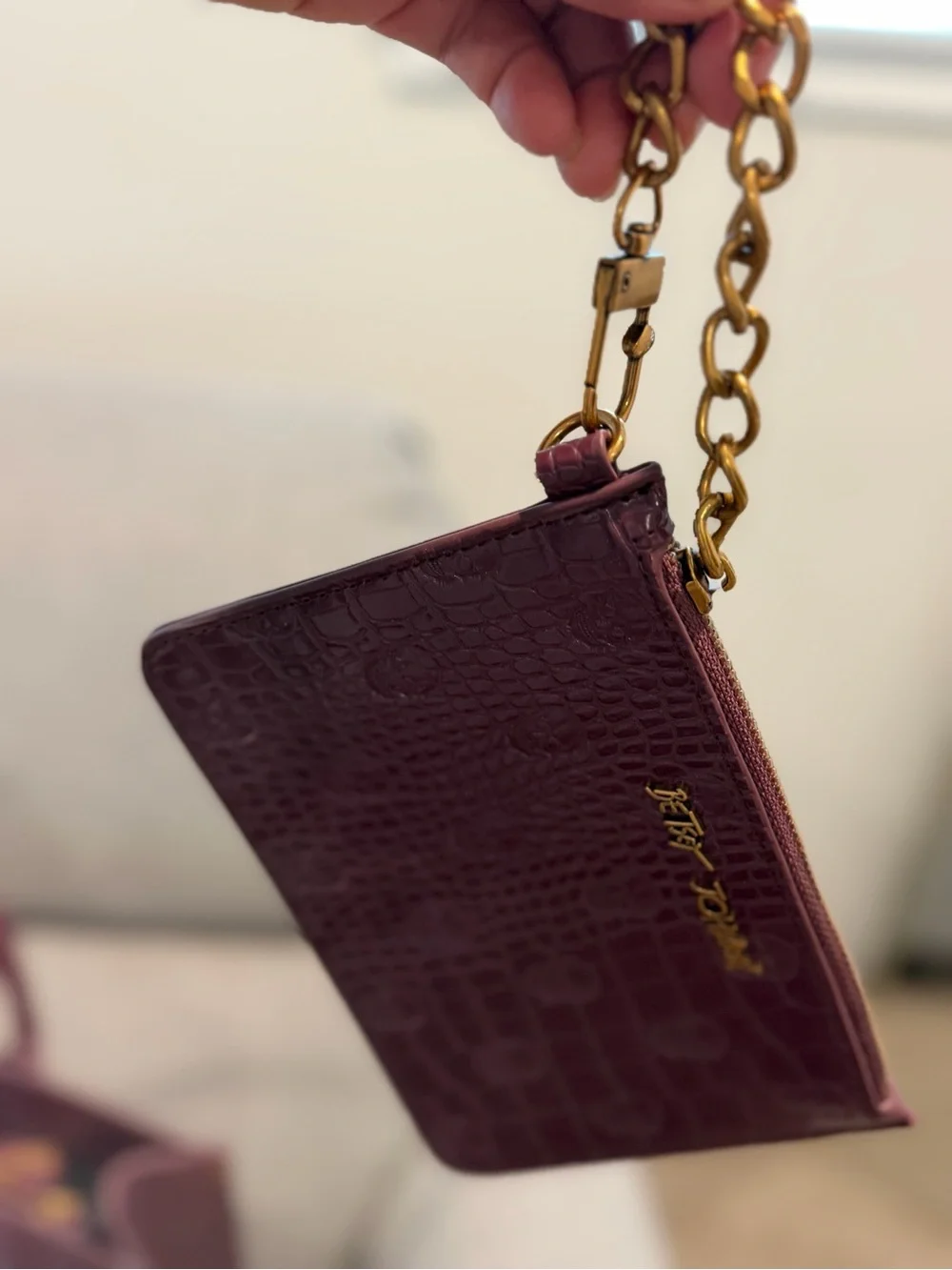 Betsey Johnson Plum Croc-Embossed Tote with Matching Zip Pouch